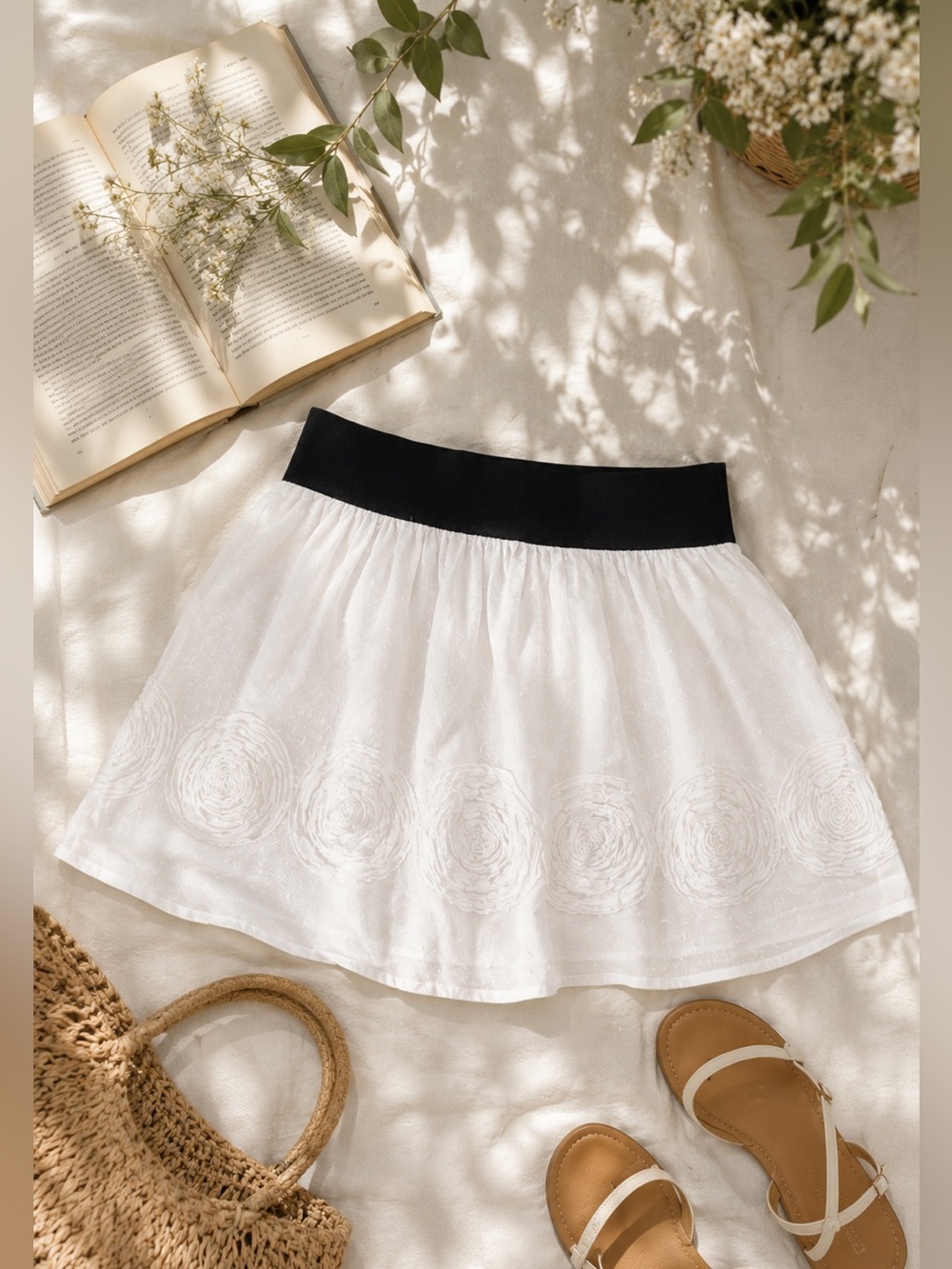 Passport White Rosette Mini Skirt Cotton Elastic Waist Boho Cottagecore L